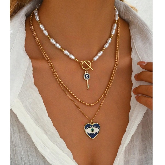 Boho Gold Tone Evil Eye Heart Faux Pearl  Multichain Necklace - Picture 2 of 3